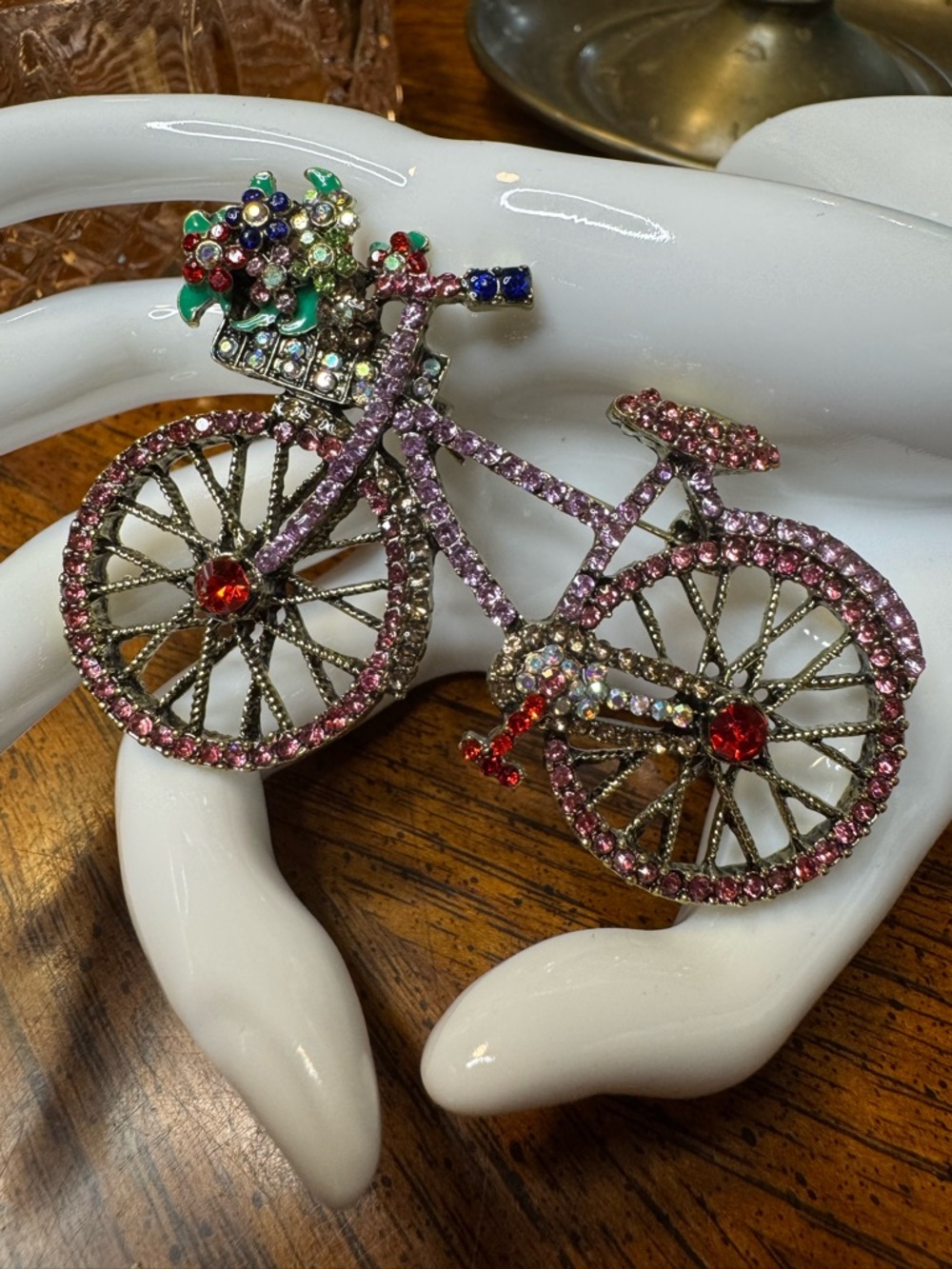 Bicycle brooch with lovely bling on gold tone metal, EUC.